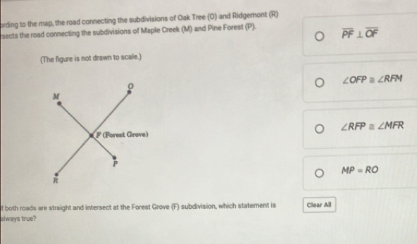 ording to the map, the road connecting the subdivisions of Oak Tree (O) and Ridgemont (R)
sects the road connecting the subdivisions of Maple Creek (M) and Pine Forest (P).
overline PF⊥ overline OF
(The figure is not drawn to scale.)
∠ OFP≌ ∠ RFM
∠ RFP≌ ∠ MFR
MP=RO
f both roads are straight and intersect at the Forest Grove (F) subdivision, which statement is Clear All
always true?
