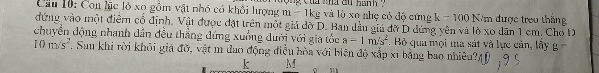 ong của nhà du hanh ? 
Câu 10: Con lặc lò xo gồm vật nhỏ có khối lượng m=1kg và lò xo nhẹ có độ cứng k=100N/ m được treo thắng 
đứng vào một điểm cố định. Vật được đặt trên một giá đỡ D. Ban đầu giá đỡ D đứng yên và lò xo dãn 1 cm. Cho D 
chuyển động nhanh dần đều thẳng đứng xuống dưới với gia tốc a=1m/s^2. Bỏ qua mọi ma sát và lực cản, lấy g=
10m/s^2. Sau khi rời khỏi giá đỡ, vật m dao động điều hòa với biên độ xấp xỉ bằng bao nhiêu?
k
M ē m