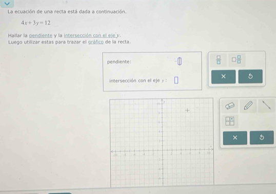 La ecuación de una recta está dada a continuación.
4x+3y=12
Hallar la pendiente y la intersección con el eje y. 
Luego utilizar estas para trazar el gráfico de la recta. 
pendiente:
 □ /□   1 □ /□  
× 
intersección con el eje y : 
×