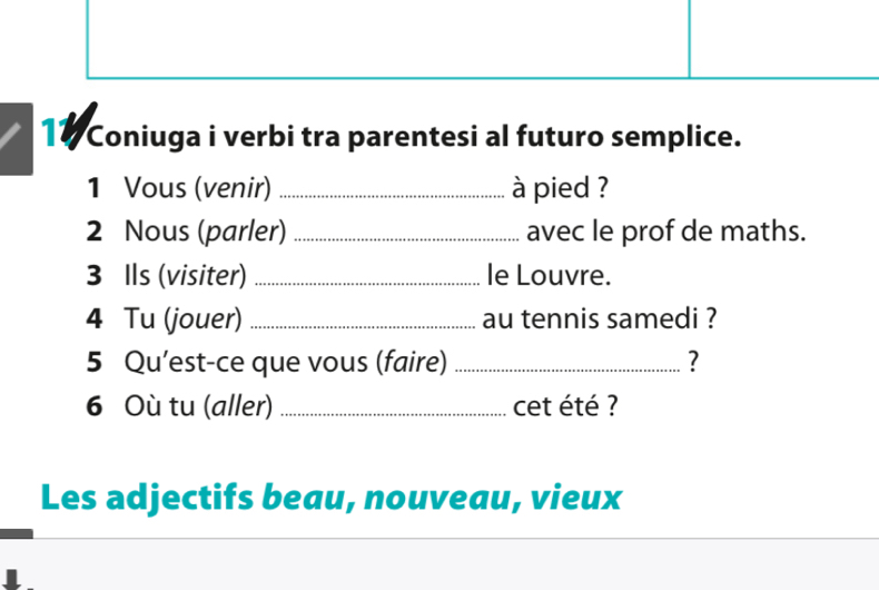 Coniuga i verbi tra parentesi al futuro semplice. 
1 Vous (venir) _à pied ? 
2 Nous (parler) _avec le prof de maths. 
3 Ils (visiter) _le Louvre. 
4 Tu (jouer) _au tennis samedi ? 
5 Qu'est-ce que vous (faire) _? 
6 Où tu (aller) _cet été ? 
Les adjectifs beau, nouveau, vieux