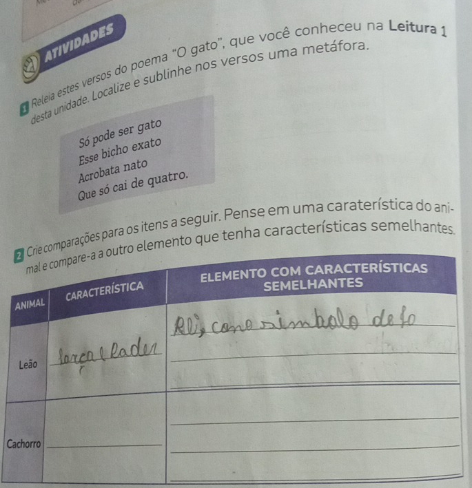 ATIVIDADES 
Releia estes versos do poema “O gato', que você conheceu na Leitura y 
desta unidade. Localize e sublinhe nos versos uma metáfora 
Acrobata nato Esse bicho exato Só pode ser gato 
Que só cai de quatro. 
arações para os itens a seguir. Pense em uma caraterística do ani- 
nto que tenha características semelhantes 
C 
_ 
_ 
_ 
_