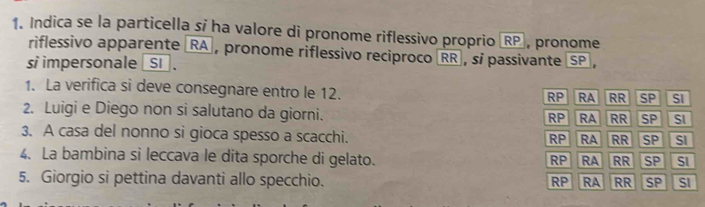 Indica se la particella si ha valore di pronome riflessivo proprio RP, pronome
riflessivo apparente RA , pronome riflessivo reciproco RR , si passivante SP ,
si impersonale _SI] .
1. La verifica si deve consegnare entro le 12.
RP RA RR SP SI
2. Luigi e Diego non si salutano da giorni.
RP RA RR SP SI
3. A casa del nonno si gioca spesso a scacchi.
RP RA RR SP SI
4. La bambina si leccava le dita sporche di gelato. RP RA RR SP SI
5. Giorgio si pettina davanti allo specchio. RP RA RR SP SI