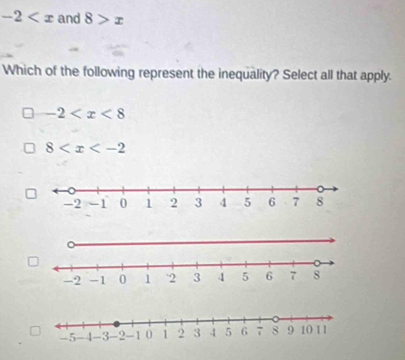 -2 and 8>x
Which of the following represent the inequality? Select all that apply.
-2
8