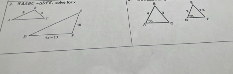 If overline △ ABCsim △ DFE , solve for x