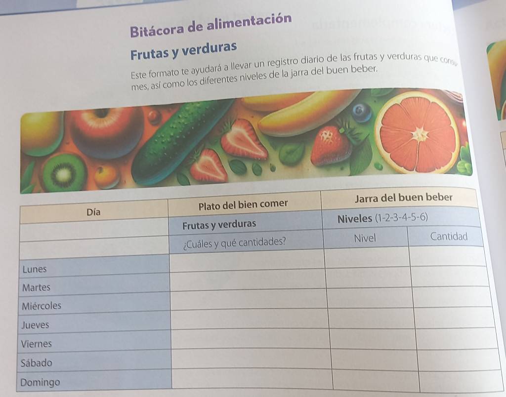 Bitácora de alimentación 
Frutas y verduras 
Este formato te ayudará a llevar un registro diario de las frutas y verduras que consu 
los diferentes niveles de la jarra del buen beber.