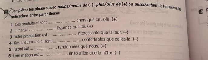 5 /Complétez les phrases avec moins/moins de (-), plus/plus de (+) ou aussi/autant de (=) suivant len
10
indications entre parenthèses. 
1 Ces produits-ci sont _chers que ceux-là. (+) 
2 ll mange _légumes que toi. (+) 
3 Votre proposition est _intéressante que la leur. (-) 
4 Ces chaussures-ci sont _confortables que celles-là. (=) 
5 Ils ont fait _randonnées que nous. (=) 
6 Leur maison est _ensoleillée que la nôtre. (-)