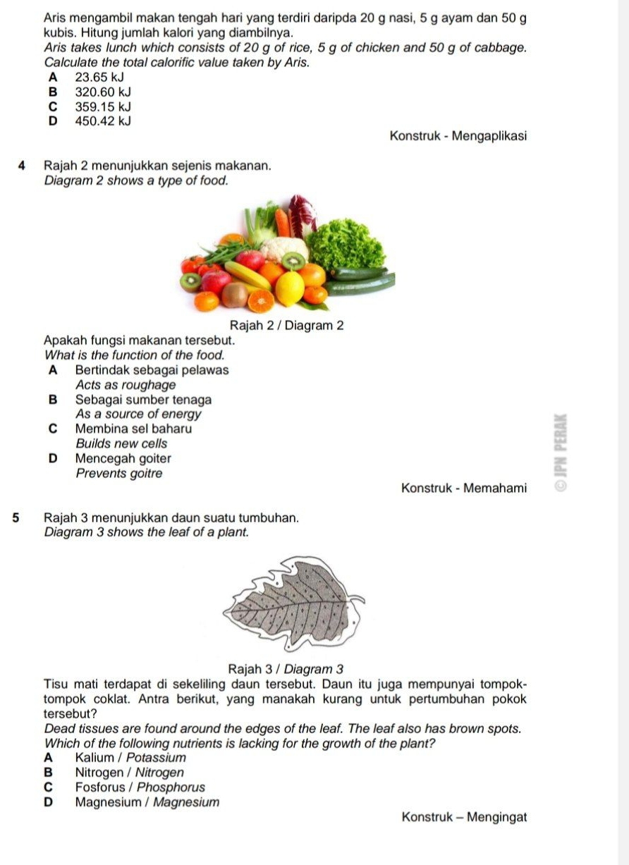 Aris mengambil makan tengah hari yang terdiri daripda 20 g nasi, 5 g ayam dan 50 g
kubis. Hitung jumlah kalori yang diambilnya.
Aris takes lunch which consists of 20 g of rice, 5 g of chicken and 50 g of cabbage.
Calculate the total calorific value taken by Aris.
A 23.65 kJ
B 320.60 kJ
C 359.15 kJ
D 450.42 kJ
Konstruk - Mengaplikasi
4 Rajah 2 menunjukkan sejenis makanan.
Diagram 2 shows a type of food.
Rajah 2 / Diagram 2
Apakah fungsi makanan tersebut.
What is the function of the food.
A Bertindak sebagai pelawas
Acts as roughage
B Sebagai sumber tenaga
As a source of energy
C Membina sel baharu
Builds new cells
D Mencegah goiter
Prevents goitre
Konstruk - Memahami
5 Rajah 3 menunjukkan daun suatu tumbuhan.
Diagram 3 shows the leaf of a plant.
Rajah 3 / Diagram 3
Tisu mati terdapat di sekeliling daun tersebut. Daun itu juga mempunyai tompok-
tompok coklat. Antra berikut, yang manakah kurang untuk pertumbuhan pokok
tersebut?
Dead tissues are found around the edges of the leaf. The leaf also has brown spots.
Which of the following nutrients is lacking for the growth of the plant?
A Kalium / Potassium
B Nitrogen / Nitrogen
C Fosforus / Phosphorus
D Magnesium / Magnesium
Konstruk - Mengingat