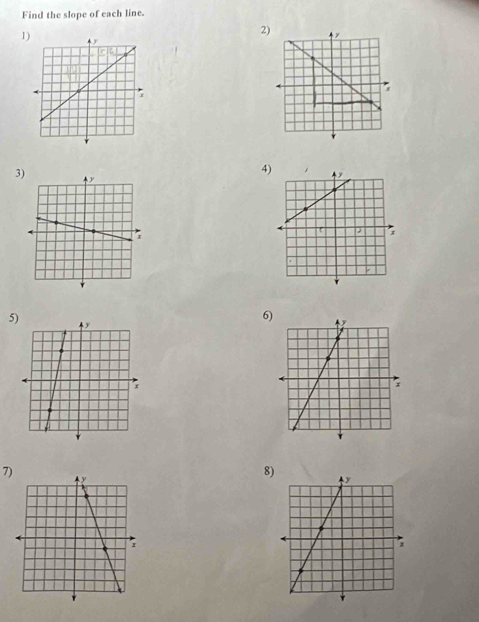 Find the slope of each line. 
1) 
3 
4 
5) 
6 
7) 
8