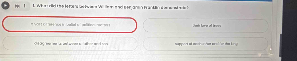 、 1 1. What did the letters between William and Benjamin Franklin demonstrate?
a vast difference in belief of political matters their love of trees
disagreements between a father and son support of each other and for the king
*