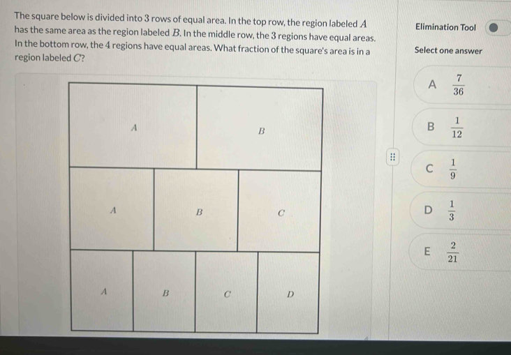 The square below is divided into 3 rows of equal area. In the top row, the region labeled A Elimination Tool
has the same area as the region labeled B. In the middle row, the 3 regions have equal areas.
In the bottom row, the 4 regions have equal areas. What fraction of the square's area is in a Select one answer
region labeled C?
A  7/36 
B  1/12 
:;
C  1/9 
D  1/3 
E  2/21 