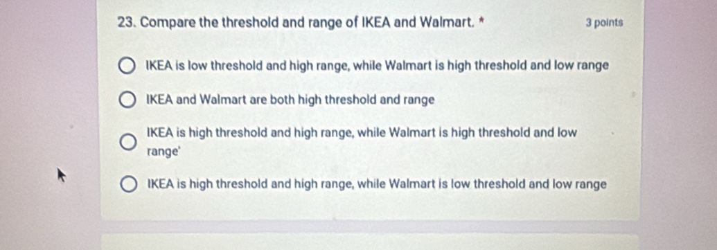 Compare the threshold and range of IKEA and Walmart. * 3 points
IKEA is low threshold and high range, while Walmart is high threshold and low range
IKEA and Walmart are both high threshold and range
IKEA is high threshold and high range, while Walmart is high threshold and low
range'
IKEA is high threshold and high range, while Walmart is low threshold and low range