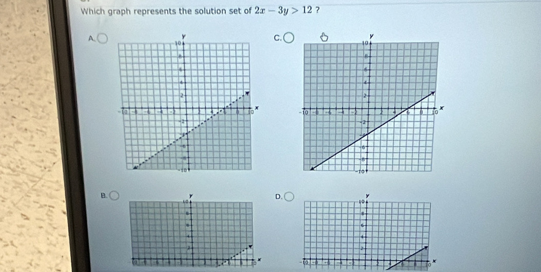 Which graph represents the solution set of 2x-3y>12 ? 
A. 
C. 

B. D.
y
y
10
8.
6
4
4
2 -
-6
6 4 - 6 4 - 
o *