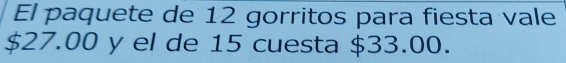 El paquete de 12 gorritos para fiesta vale
$27.00 y el de 15 cuesta $33.00.