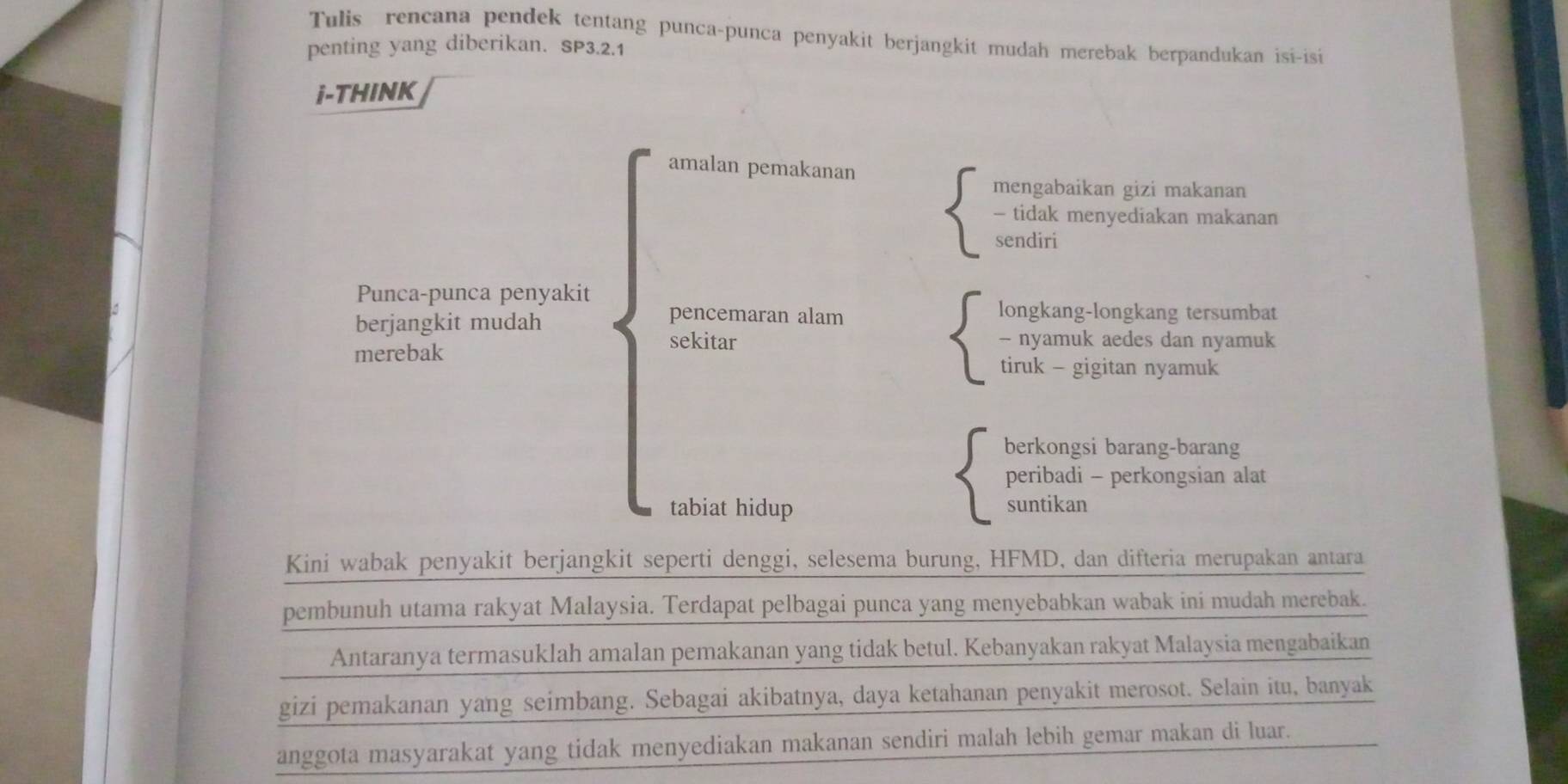 Tulis rencana pendek tentang punca-punca penyakit berjangkit mudah merebak berpandukan isi-isi
penting yang diberikan. SP3.2.1
i-THINK
amalan pemakanan
mengabaikan gizi makanan
- tidak menyediakan makanan
sendiri
Punca-punca penyakit longkang-longkang tersumbat
berjangkit mudah
pencemaran alam
merebak
sekitar - nyamuk aedes dan nyamuk
tiruk - gigitan nyamuk
berkongsi barang-barang
peribadi - perkongsian alat
tabiat hidup suntikan
Kini wabak penyakit berjangkit seperti denggi, selesema burung, HFMD, dan difteria merupakan antara
pembunuh utama rakyat Malaysia. Terdapat pelbagai punca yang menyebabkan wabak ini mudah merebak.
Antaranya termasuklah amalan pemakanan yang tidak betul. Kebanyakan rakyat Malaysia mengabaikan
gizi pemakanan yang seimbang. Sebagai akibatnya, daya ketahanan penyakit merosot. Selain itu, banyak
anggota masyarakat yang tidak menyediakan makanan sendiri malah lebih gemar makan di luar.