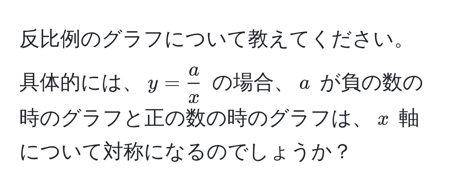 反比例のグラフについて教えてください。具体的には、$y =  a/x $ の場合、$a$ が負の数の時のグラフと正の数の時のグラフは、$x$ 軸について対称になるのでしょうか？