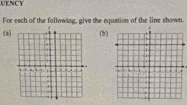 UENCY 
For each of the following, give the equation of the line shown. 
(a)(b)