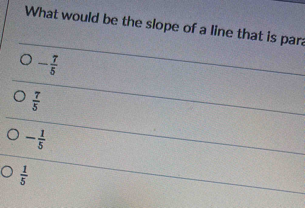 What would be the slope of a line that is para
- 7/5 
 7/5 
- 1/5 
 1/5 