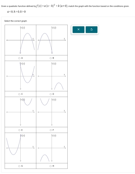 Given a quadratic function defined by f(x)=a(x-h)^2+k(a!= 0) , match the graph with the function based on the conditions given.
a<0,h>0,k>0
Select the correct graph.
fg(x) × 5

○A ○ B
bigcirc C ) D
uparrow r(6) fg(x)

C E ○ F
fg(x)
i
○ G ○ H