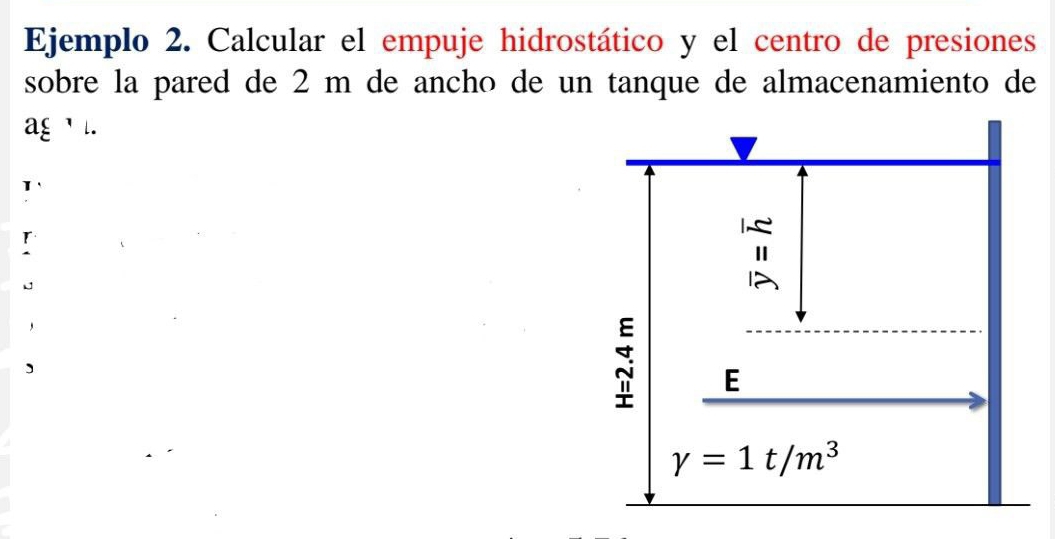 Ejemplo 2. Calcular el empuje hidrostático y el centro de presiones
sobre la pared de 2 m de ancho de un tanque de almacenamiento de
ag  l.