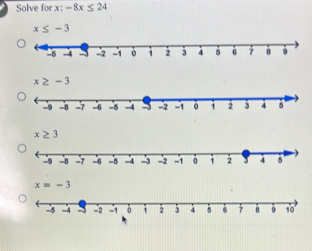 Solve for x : -8x≤ 24
x≤ -3
x≥ -3
x≥ 3
x=-3