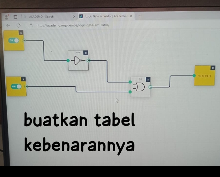 ACADEMO - Search × Logic Gate Simulator | Academo × + 
https://academo.org/demos/logic-gate-simulator/ 
buatkan tabel 
kebenarannya