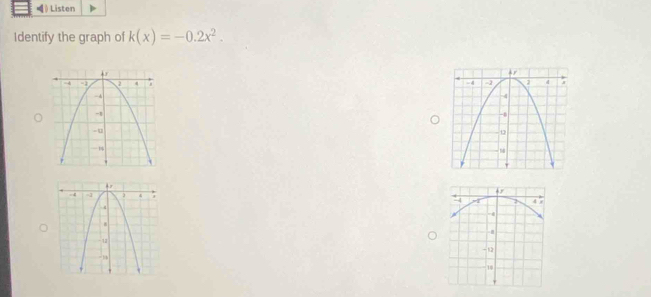 ) Listen 
Identify the graph of k(x)=-0.2x^2.