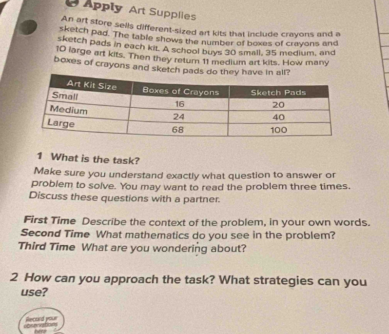 Apply Art Supplies 
An art store sells different-sized art kits that include crayons and a 
sketch pad. The table shows the number of boxes of crayons and 
sketch pads in each kit. A school buys 30 small, 35 medium, and
10 large art kits. Then they return 11 medium art kits. How many 
boxes of crayons and sketch pads do they have in all? 
1 What is the task? 
Make sure you understand exactly what question to answer or 
problem to solve. You may want to read the problem three times. 
Discuss these questions with a partner. 
First Time Describe the context of the problem, in your own words. 
Second Time What mathematics do you see in the problem? 
Third Time What are you wondering about? 
2 How can you approach the task? What strategies can you 
use? 
Record your 
cbservations 
here