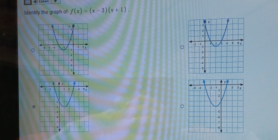 Listen 
Identify the graph of f(x)=(x-3)(x+1).