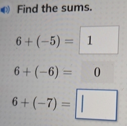 Find the sums.
6+(-5)= 1
6+(-6)=0
6+(-7)=□