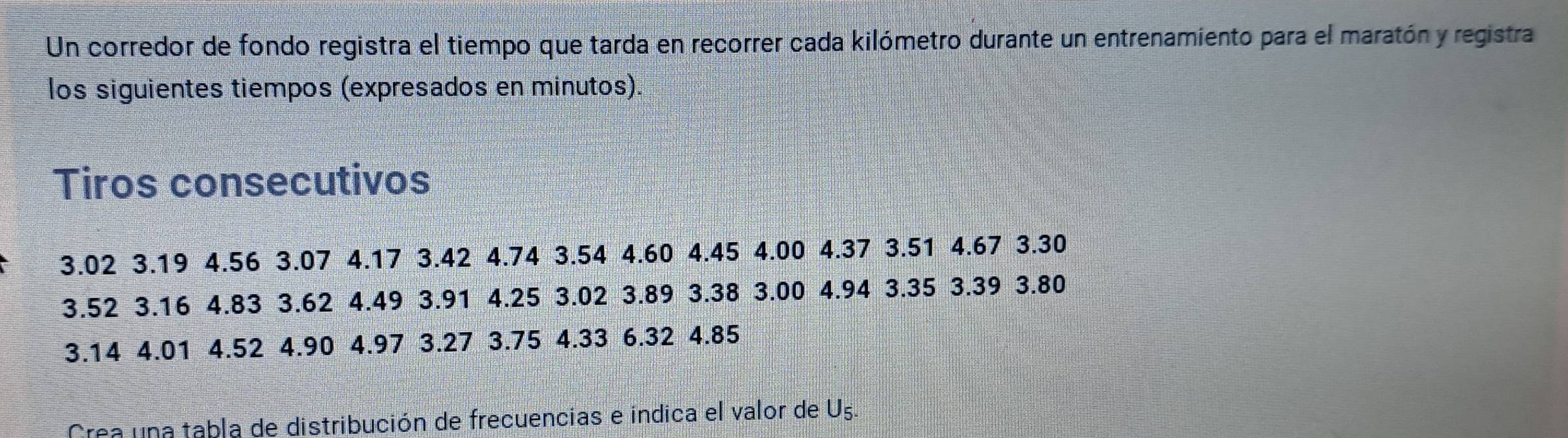 Un corredor de fondo registra el tiempo que tarda en recorrer cada kilómetro durante un entrenamiento para el maratón y registra 
los siguientes tiempos (expresados en minutos). 
Tiros consecutivos
3.02 3.19 4.56 3.07 4.17 3.42 4.74 3.54 4.60 4.45 4.00 4.37 3.51 4.67 3.30
3.52 3.16 4.83 3.62 4.49 3.91 4.25 3.02 3.89 3.38 3.00 4.94 3.35 3.39 3.80
3.14 4.01 4.52 4.90 4.97 3.27 3.75 4.33 6.32 4.85
Crea una tabla de distribución de frecuencias e índica el valor de U_5.