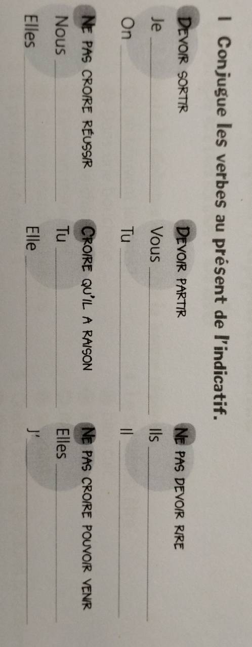 Conjugue les verbes au présent de l'indicatif. 
Devoir sortir Devoir partir Ne pas devoir rire 
Je _Vous _Ils_ 
On_ 
Tu_ 
_ 
Ne pas croire réussir Croire qu'il a raison Ne pas croire pouvoir venir 
Nous _Tu _Elles_ 
Elles _Elle _J'_