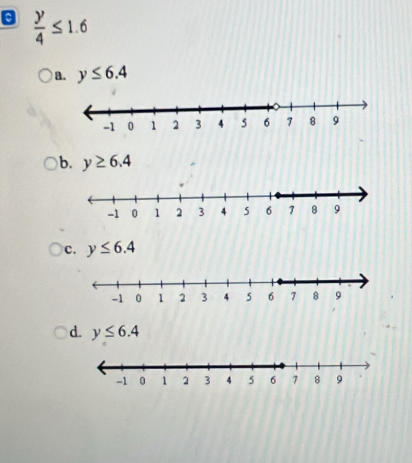  y/4 ≤ 1.6
a. y≤ 6.4
b. y≥ 6.4
c. y≤ 6.4
d. y≤ 6.4