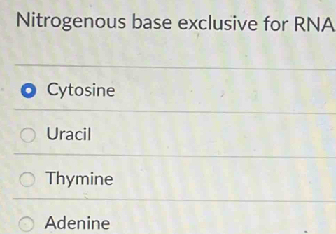 Nitrogenous base exclusive for RNA
Cytosine
Uracil
Thymine
Adenine