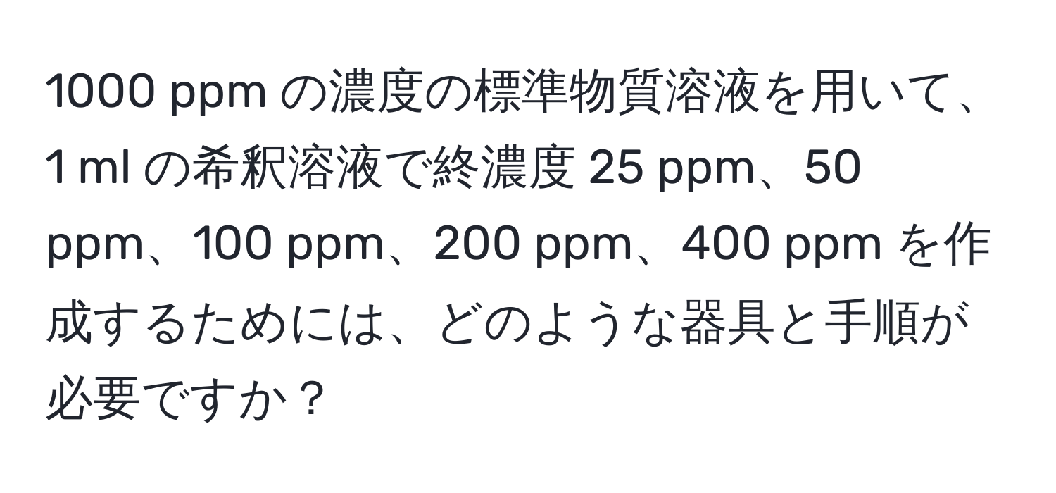 1000 ppm の濃度の標準物質溶液を用いて、1 ml の希釈溶液で終濃度 25 ppm、50 ppm、100 ppm、200 ppm、400 ppm を作成するためには、どのような器具と手順が必要ですか？