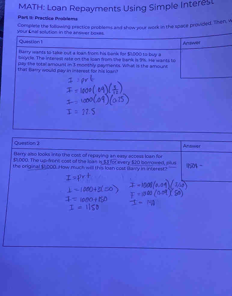Solved: MATH: Loan Repayments Using Simple Interes Part II: Practice ...