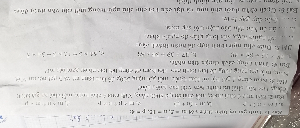 Tính giá trị biểu thức với m=5, n=15, p=4
a, (m+n)* p b, m* (n+p) c, m* p+n* p d, m* n+m* p
Bài 2. Mai mua 6 chai nước, mỗi chai có giá 8000 đồng. Việt mua 4 chai nước, mỗi chai có giá 8000
đồng. Hỏi Mai phải trả nhiều hơn Việt bao nhiêu tiền?
Bài 3: Nam dùng 2 gói bột mì Hàn Quốc, mỗi gói nặng 500g để làm bánh mì và 3 gói bột mì Việt
Nam, mỗi gói nặng 500g để làm bánh bao. Hỏi Nam đã dùng hết bao nhiêu gam bột mì?
Bài 4: Tính bằng cách thuận tiện nhất:
a, 48* 12+88* 48 b, 37* 39+39* 63 c, 54* 5+12* 5+34* 5
Bài 5: Điền chủ ngữ thích hợp để hoàn thành câu:
a, ..... rất nghĩa hiệp, sẵn lòng giúp đỡ người khác.
b, ..... ùn ùn kéo đến báo hiệu trời sắp mưa.
c, ..... thức dậy gáy le te.
Bài 6: Gạch chân dưới chủ ngữ và đặt câu hỏi cho chủ ngữ trong mỗi câu văn dưới đây:
a Tôi đứng ngây ra tim đân thình thịch