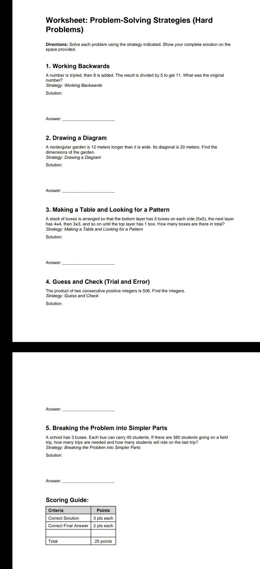Solved: Worksheet: Problem-Solving Strategies (Hard Problems ...