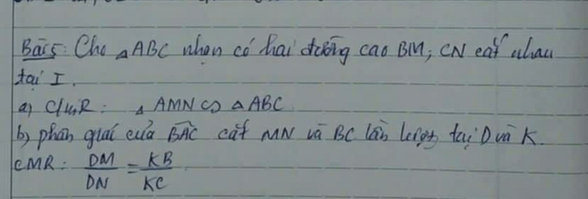 Bais: Cho △ ABC whan có hai doōing cao BM; cN eaf ahau 
tau I. 
ai CluR: △ AMN co △ ABC
by phan guāi euia widehat BAC caf mw vá Bc lán leigh tai Duà k 
eM R: DM/DN = KB/KC 