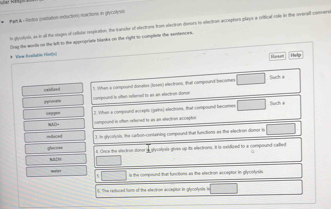 Jular Réspiräuk 
Part A - Redox (oxidation-reduction) reactions in glycolysis 
stages of cellular respiration, the transfer of electrons from electron donors to electron acceptors plays a critical role in the overall convers 
the sentences.