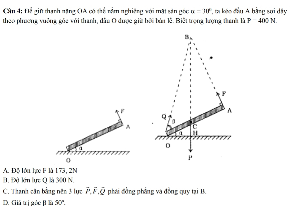 Để giữ thanh nặng OA có thể nằm nghiêng với mặt sản góc alpha =30° , ta kéo đầu A bằng sợi dây
theo phương vuông góc với thanh, đầu O được giữ bởi bản lề. Biết trọng lượng thanh là P=400N.
A. Độ lớn lực F là 173, 2N
B. Độ lớn lực Q là 300 N.
C. Thanh cân bằng nên 3 lực vector P, vector F, vector Q phải đồng phẳng và đồng quy tại B.
D. Giá trị góc β là 50°.