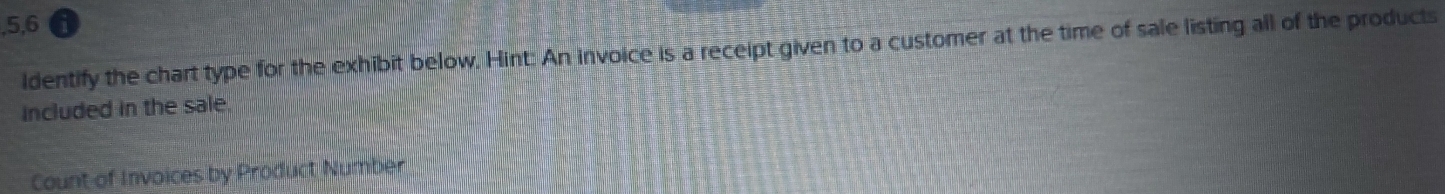 5,6 
ldentify the chart type for the exhibit below. Hint: An invoice is a receipt given to a customer at the time of sale listing all of the products 
included in the sale. 
Count of Invoices by Product Number