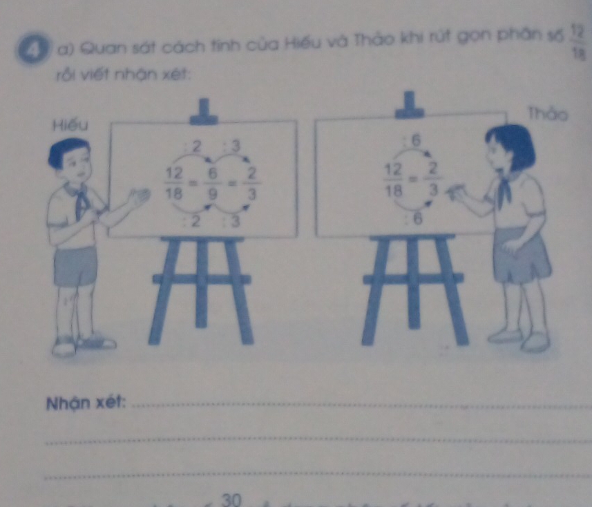 Quan sát cách tính của Hiếu và Thảo khi rút gọn phân số  12/18 
rồi viết nhận xét:
Nhận xét:_
_
_
30