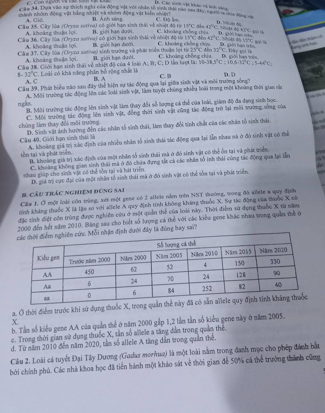 người và cc sinh vật khác .
D. Các sinh vật khác và ánh sáng.
Câu 34. Dựa vào sự thích nghi của động vật với nhân tố sinh thái nào sau đây, người ta chia động vậu
thành nhóm động vật hằng nhiệt và nhóm động vật biến nhiệt?
A. Gió. B. Ánh sáng. C. Độ ẩm.
D. Nhiệt độ.
Câu 35. Cây lủa (Oryza sativa) có giới hạn sinh thái về nhiệt độ từ 15°C đến 42°C. Nhiệt độ 42°C gọi là
A. khoảng thuận lợi. B. giới hạn dưới. C. khoảng chống chịu. D. giới hạn trên.
Câu 36. Cây lúa (Oryza sativa) có giới hạn sinh thái về nhiệt độ từ 15°C đến 42°C C. Nhiệt độ 15°C gọi là :  dân đến thậm có
A. khoảng thuận lợi. B. giới hạn dưới. C. khoảng chống chịu. D. giới hạn trên. dang sinh học.
Câu 37. Cây lúa (Oryza sativa) sinh trưởng và phát triển thuận lợi từ 25°C đến 32°C. Đây gọi là
A. khoảng thuận lợi. B. giới hạn dưới. C. khoảng chống chịu. D. giới hạn trên.
Câu 38. Giới hạn sinh thái về nhiệt độ của 4 loài A; B; C; D lần lượt là: 10-38,5°C;10,6-32°C;5-44°C;
8-32°C *. Loài có khả năng phân bố rộng nhất là D. D
C. B
A. C B. A
Câu 39. Phát biểu nào sau đây thể hiện sự tác động qua lại giữa sinh vật và môi trường sống?
A. Môi trường tác động lên các loài sinh vật, làm tuyệt chủng nhiều loài trong một khoảng thời gian rắt
là loài chủ chi
ngắn.
B. Môi trường tác động lên sinh vật làm thay đổi số lượng cá thể của loài, giảm độ đa dạng sinh học.
C. Môi trường tác động lên sinh vật, đồng thời sinh vật cũng tác động trở lại môi trường sống của
quần xã
chúng làm thay đồi môi trường.
D. Sinh vật ảnh hưởng đến các nhân tố sinh thái, làm thay đổi tính chất của các nhân tố sinh thái.
Đài mở
dẫn đề
Câu 40. Giới hạn sinh thái là
A. khoảng giá trị xác định của nhiều nhân tố sinh thái tác động qua lại lẫn nhau nà ở đó sinh vật có thể
tồn tại và phát triển.
B. khoảng giá trị xác định của một nhân tố sinh thái mà ở đó sinh vật có thể ổn tại và phát triển.
ái tro
C. khoảng không gian sinh thái mà ở đó chứa đựng tất cả các nhân tố inh thái cùng tác động qua lại lẫn
cá tỉ
nhau giúp cho sinh vật có thể tồn tại và hát triển. uẫn
D. giá trị cực đại của một nhân tố sinh thái mà ở đó sinh vật có thể tồn tại và phát triển.
non
B. CÂU TRÁC NGHIỆM ĐÚNG SAI
Câu 1. Ở một loài côn trùng, xét một gene có 2 allele nằm trên NST thường, trong đó allele a quy định
tính kháng thuốc X là lặn so với allele A quy định tính không kháng thuốc X. Sự tác động của thuốc X có
đặc tính diệt côn trùng được nghiên cứu ở một quần thể của loài này. Thời điểm sử dụng thuốc X từ năm
2000 đến hết năm 2010. Bảng sau cho biết số lượng cá thể với các kiểu gene khác nhau trong quần thể ở
nh dưới đây là đúng hay sai?
a. Ở thời điểm trước khi sử dụng th
X.
b. Tần số kiểu gene AA của quần thể ở năm 2000 gấp 1,2 lần tần số kiểu gene này ở năm 2005.
c. Trong thời gian sử dụng thuốc X, tần số allele a tăng dần trong quần thể.
d. Từ năm 2010 đến năm 2020, tần số allele A tăng dần trong quần thể.
Câu 2. Loài cá tuyết Đại Tây Dương (Gadus morhua) là một loài nằm trong danh mục cho phép đánh bắt
bởi chính phủ. Các nhà khoa học đã tiến hành một khảo sát về thời gian để 50% cá thể trưởng thành cũng