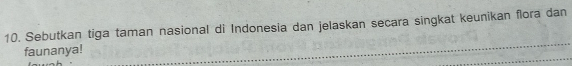 Sebutkan tiga taman nasional di Indonesia dan jelaskan secara singkat keunikan flora dan 
faunanya!