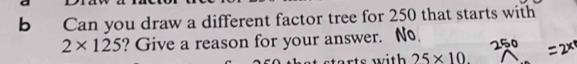 Can you draw a different factor tree for 250 that starts with
2* 125 ? Give a reason for your answer. No 
rts with 25* 10.