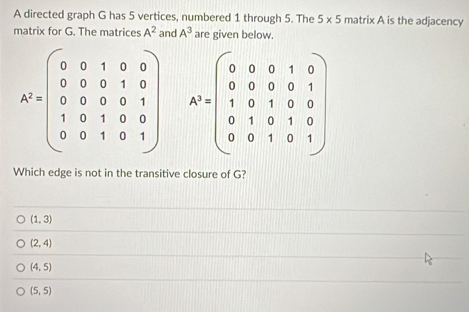 Solved: A directed graph G has 5 vertices, numbered 1 through 5. The 5* ...