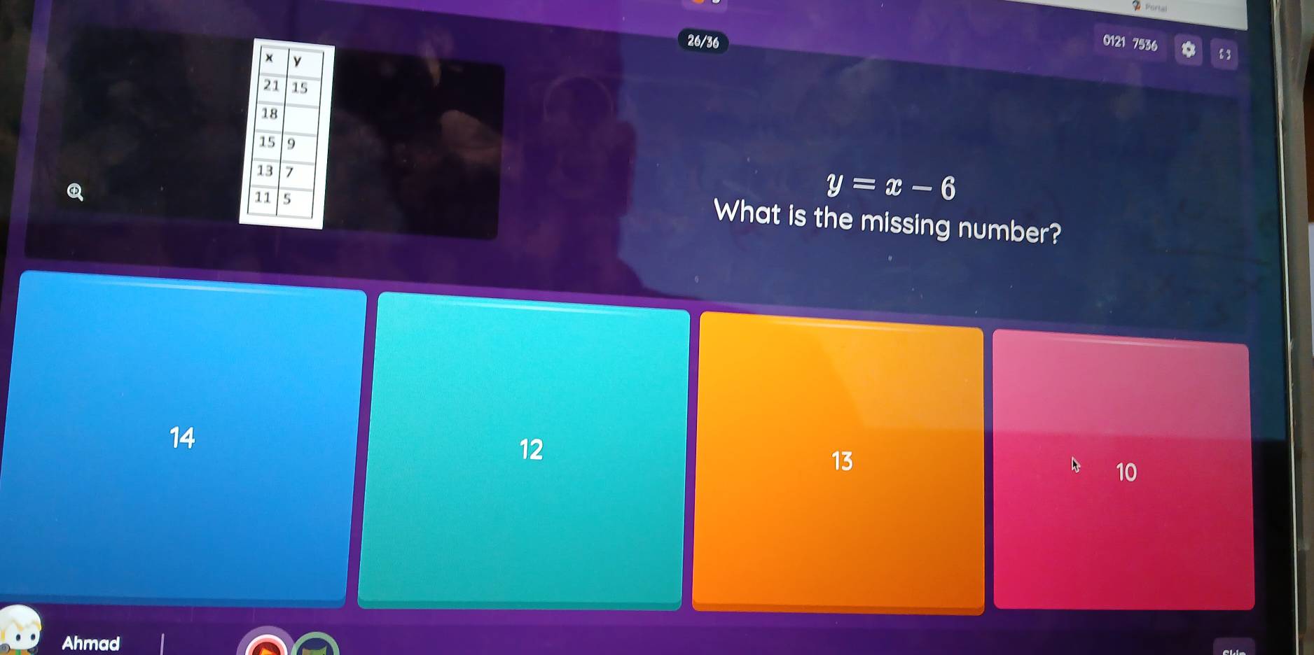 26/36 0121 7536 1 3

y=x-6
What is the missing number?
14
12
13
10
Ahmad