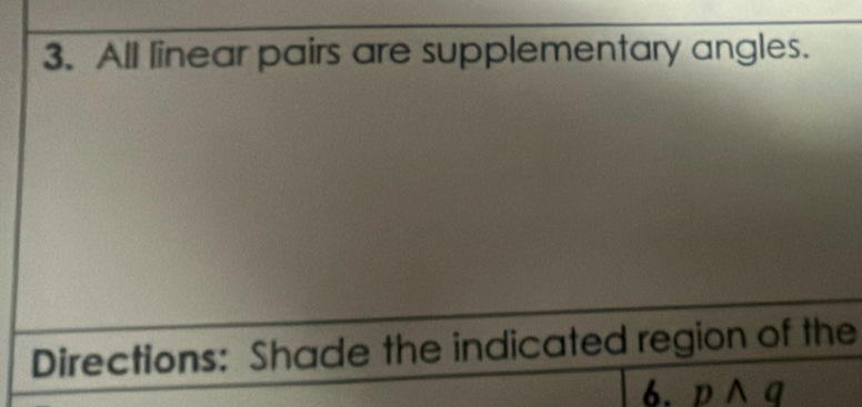 All linear pairs are supplementary angles. 
Directions: Shade the indicated region of the 
6. pwedge q