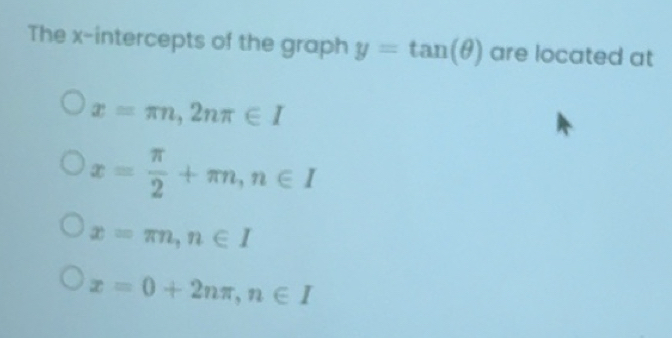 Solved: The x-intercepts of the graph y=tan (θ ) are located at x=π n ...