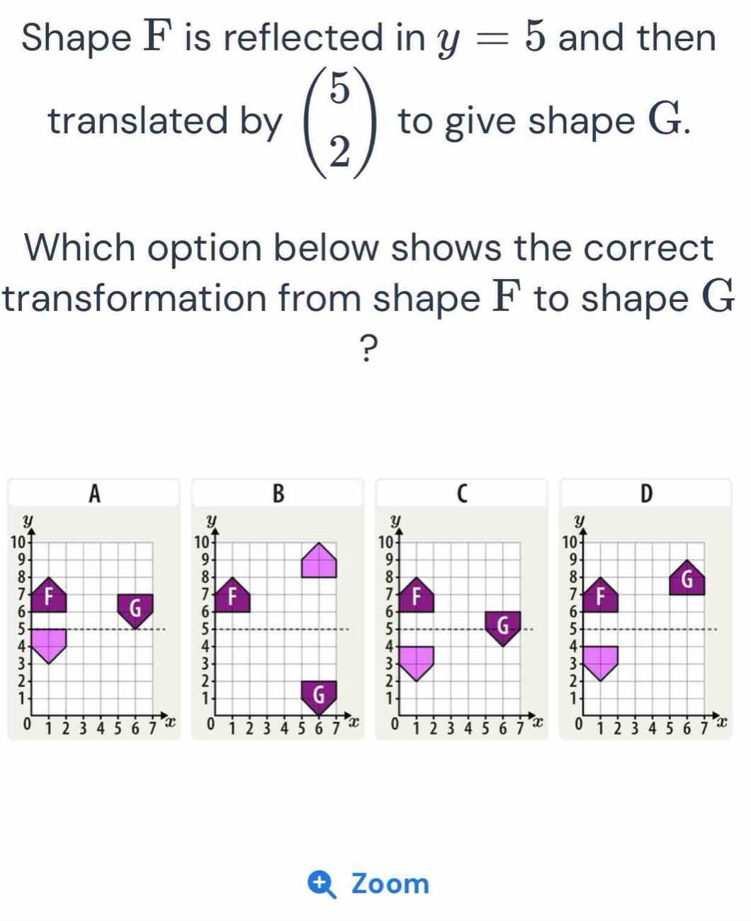 Shape F is reflected in y=5 and then 
translated by beginpmatrix 5 2endpmatrix to give shape G. 
Which option below shows the correct 
transformation from shape F to shape G
?
D
y
10
9
8
G
7 F
6
5
4
3
2
1
0 1 2 3 4 5 6 7 x
Zoom